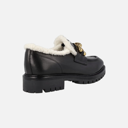 Militare black leather moccasins with furry lining and metallic detail