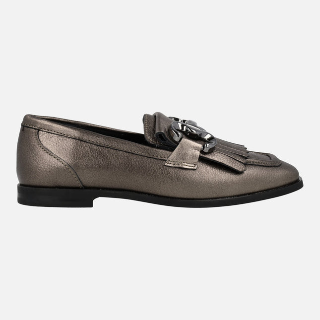 Alpe New Roma leather moccasins with fringe detail and metallic ornament
