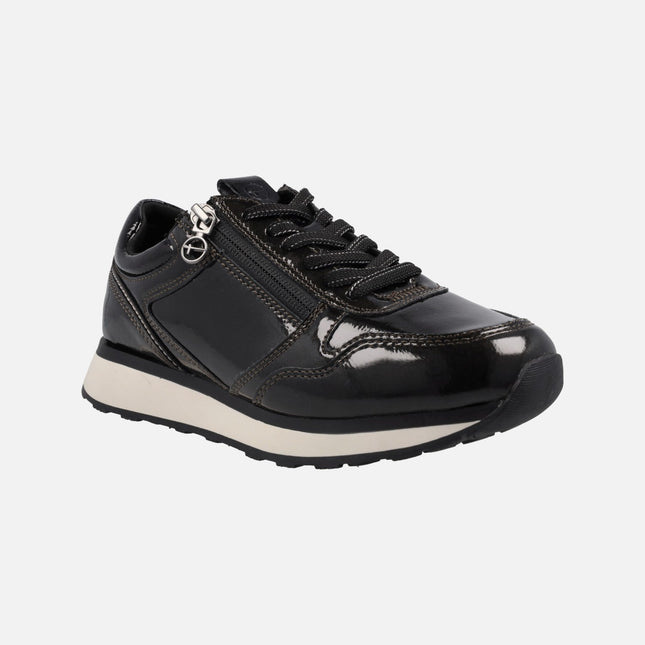 Patent leather sneakers with laces and zip