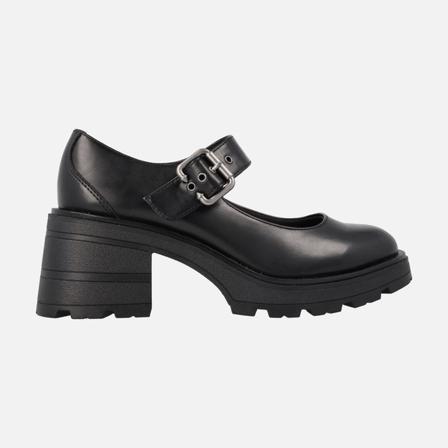 Mary jean black leather buckled shoes