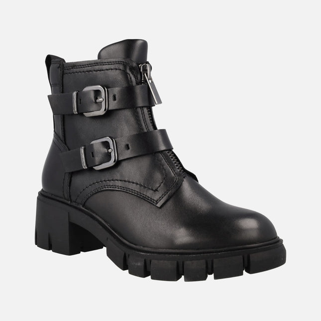 Black Biker Style Leather Ankle Boots with buckles and zippers
