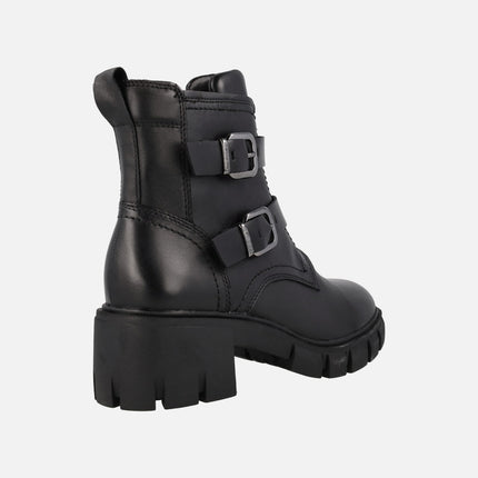 Black Biker Style Leather Ankle Boots with buckles and zippers