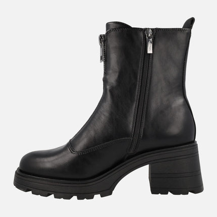 Vegan black boots with front zip and 7 cms heels