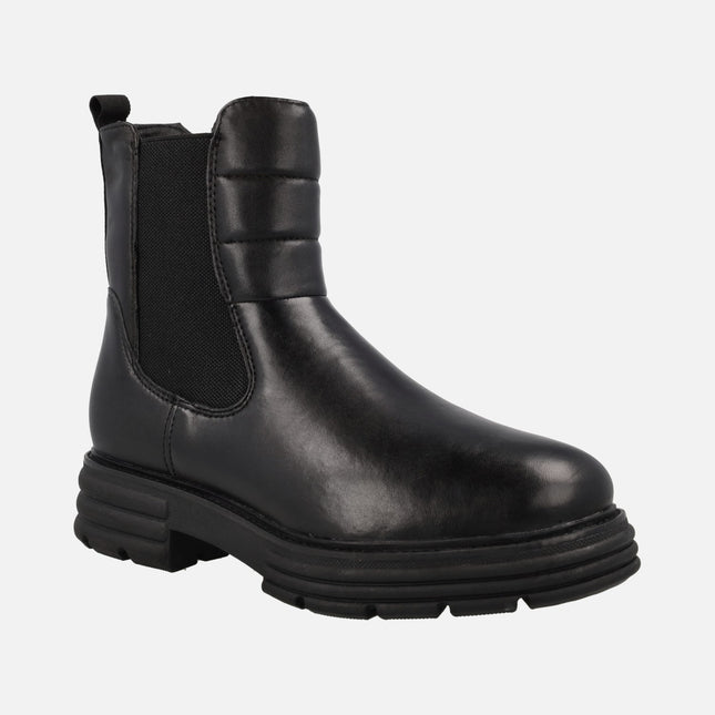 Black leather biker boots with elastic