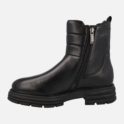 Black leather biker boots with elastic