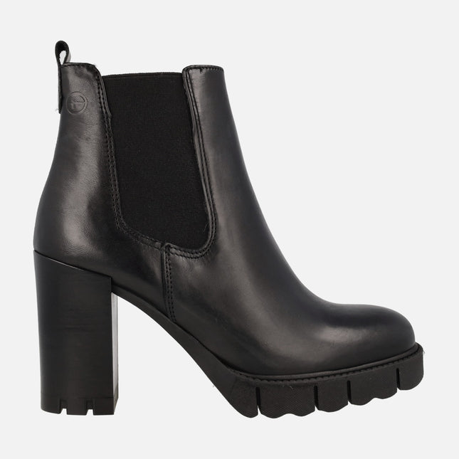 Black Chelsea Style Leather Ankle Boots with High Heel and Platform