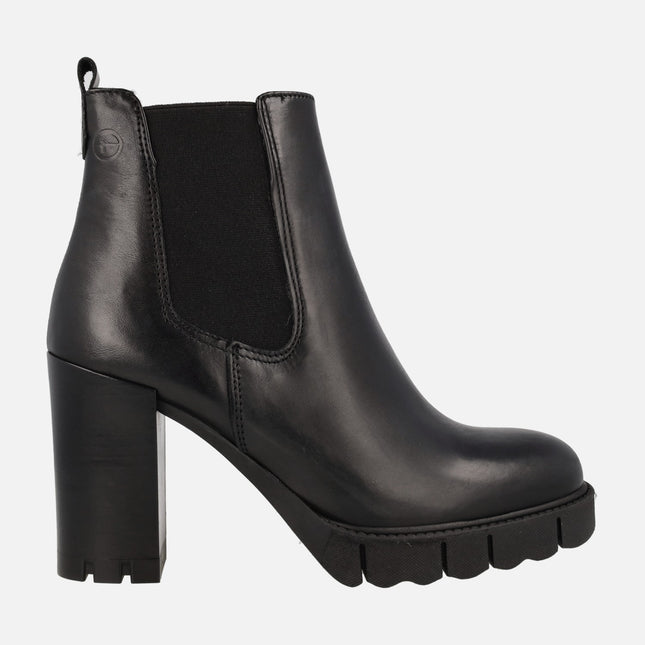 Black Chelsea Style Leather Ankle Boots with High Heel and
