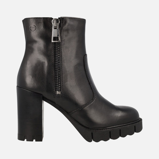 Black leather ankle boots with double zip and high heel 