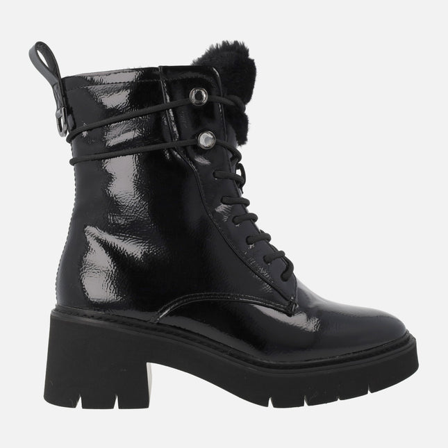 Black patent ankle boots with hair details