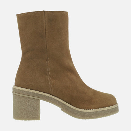 Camel suede women's heeled boots