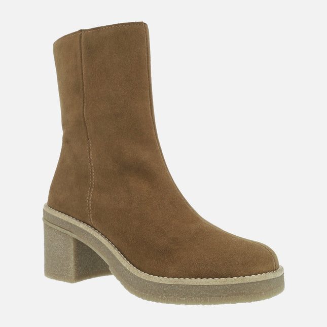 Camel suede women's heeled boots