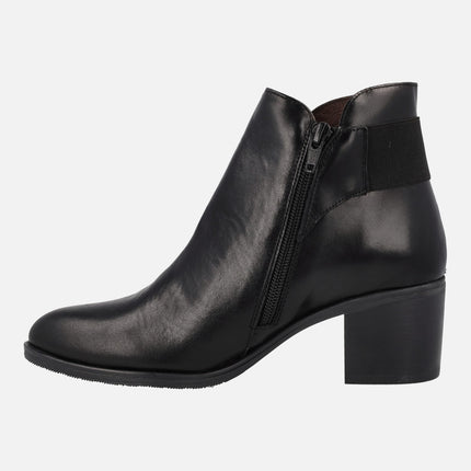 Black leather ankle boots with heel and back elastic