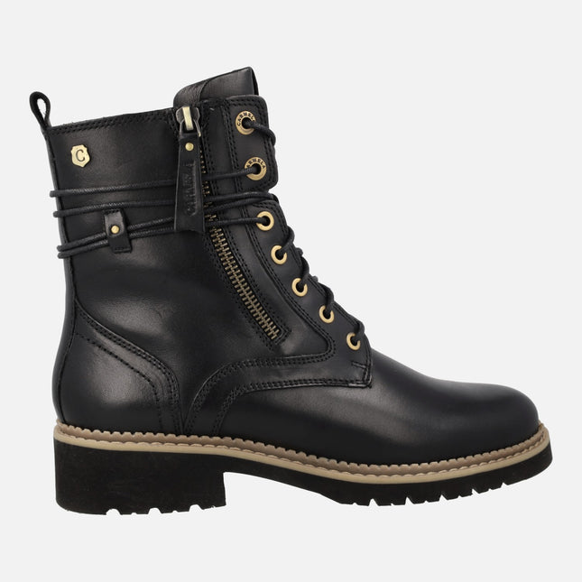 Black leather ankle boots with laces and zippers