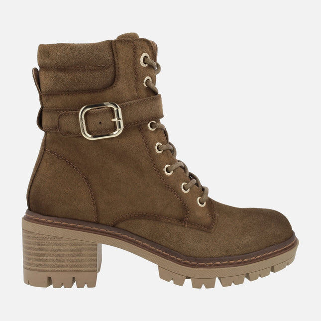 Camel suede heeled booties with laces and zipper