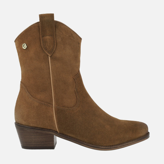 Women's Cowboy Ankle Boots in Camel suede