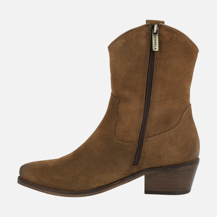 Women's Cowboy Ankle Boots in Camel suede
