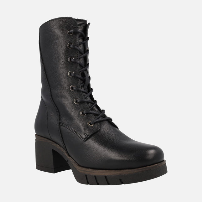 Black leather boots with laces and zipper