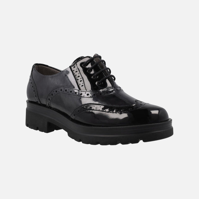 Patent leather Oxford shoes for women in combined Black/grey
