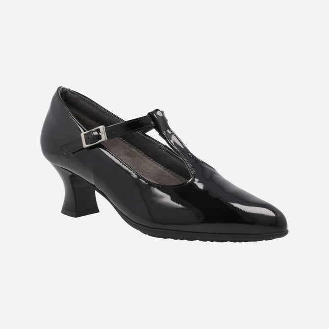 Black patent leather shoes with strips to the instep