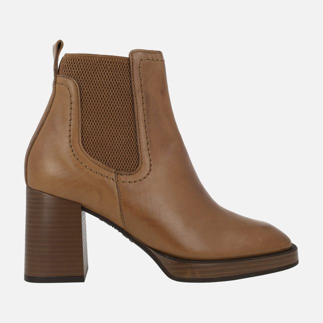 Women's Chelsea Booties in camel Leather with High Heel and Platform