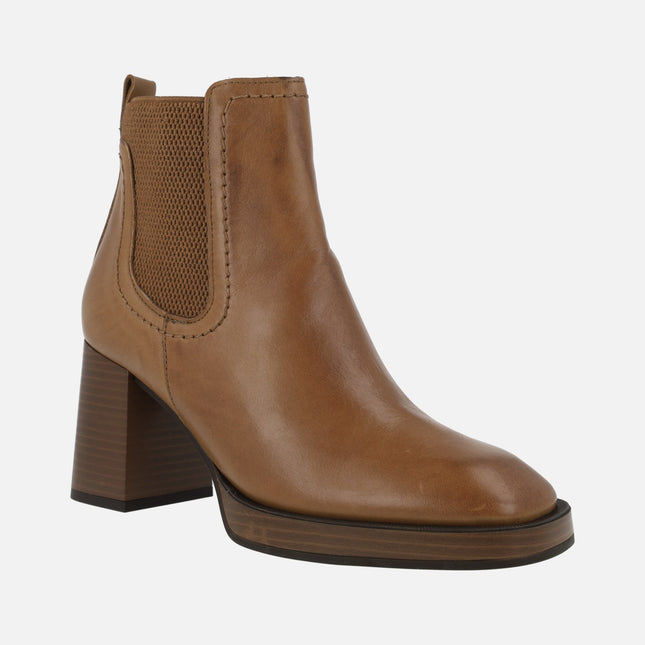 Women's Chelsea Booties in camel Leather with High Heel and Platform