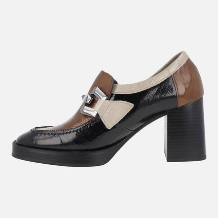 Patent leather moccasins with high heel and platform