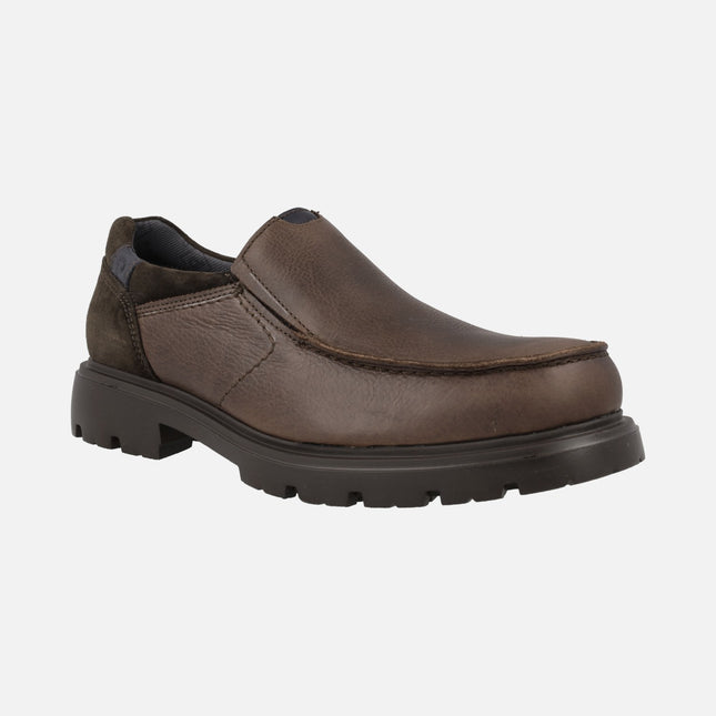 Men's Comfort moccasins in brown leather with suede heel