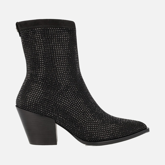Black ankle boots in elastic fabric with strass