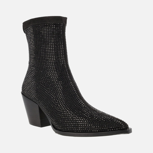 Black ankle boots in elastic fabric with strass