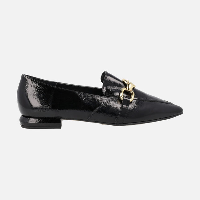 Pedro Miralles Monastir black patent leather loafers with gold metallic detail