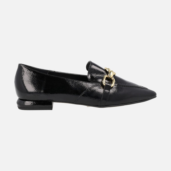 Black Monastir patent leather loafers with gold metallic trim