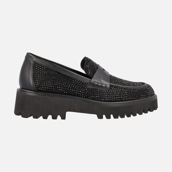 Black loafers with track sole and rhinestone details