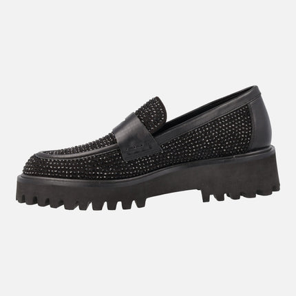 Black loafers with track sole and strass details