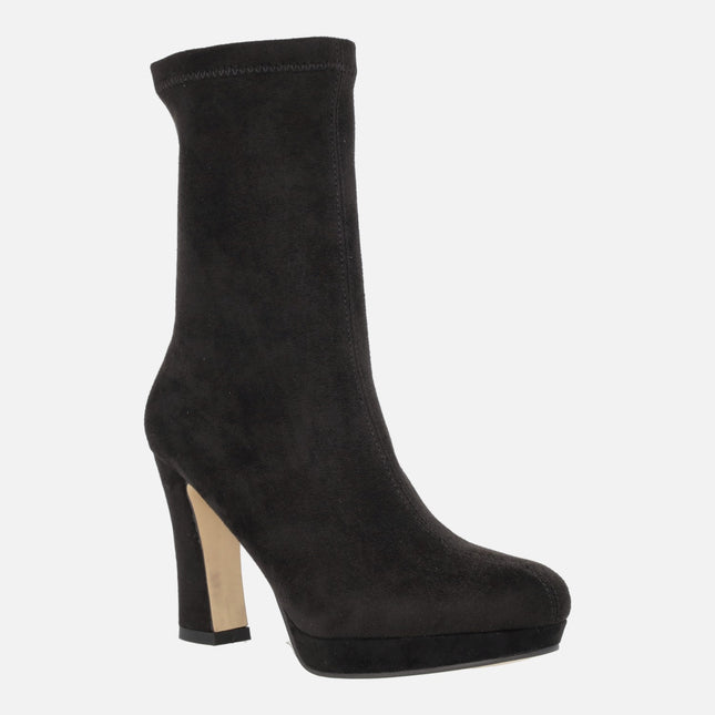 Black suede texture elastic fabric ankle boots with high heel and platform