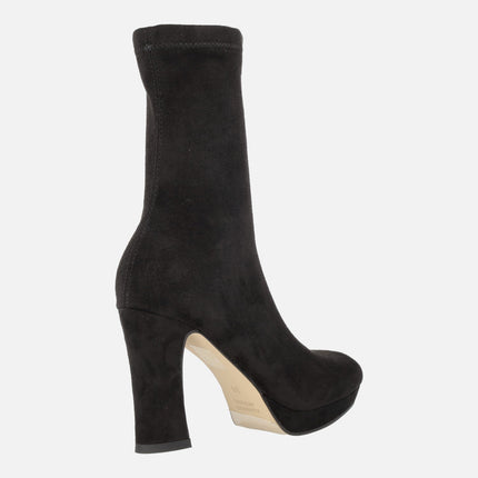 Black suede texture elastic fabric ankle boots with high heel and platform