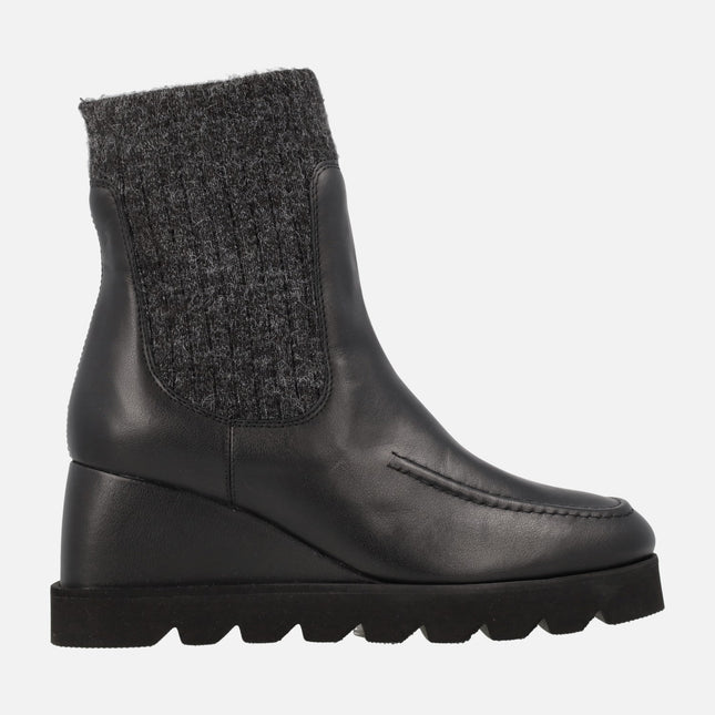 Leysa Black Leather Ankle Boots with wool leg