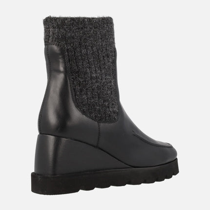 Leysa Black Leather Ankle Boots with wool leg