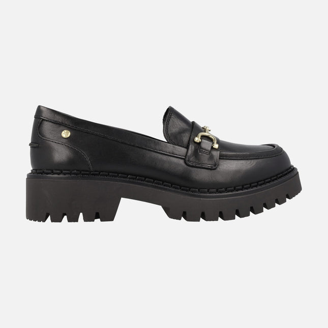 Aviles Black Moccasins For Women with Metal detail and track sole