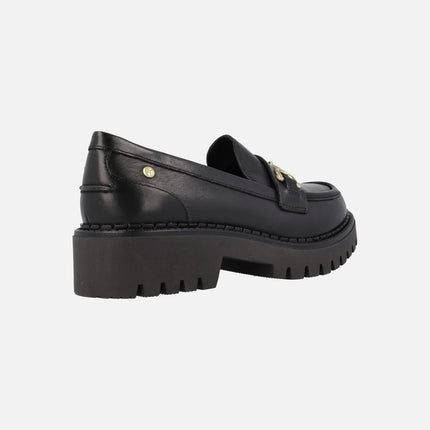 Aviles Black Moccasins For Women with Metal detail and track sole