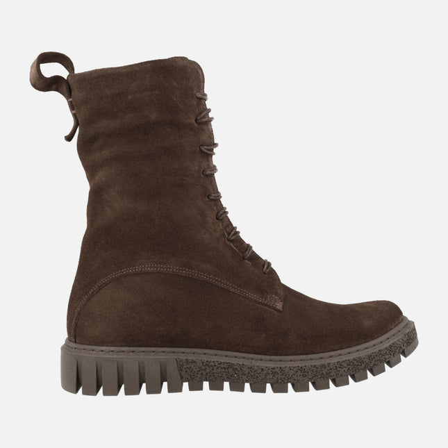 Brown suede boots with laces and zipper