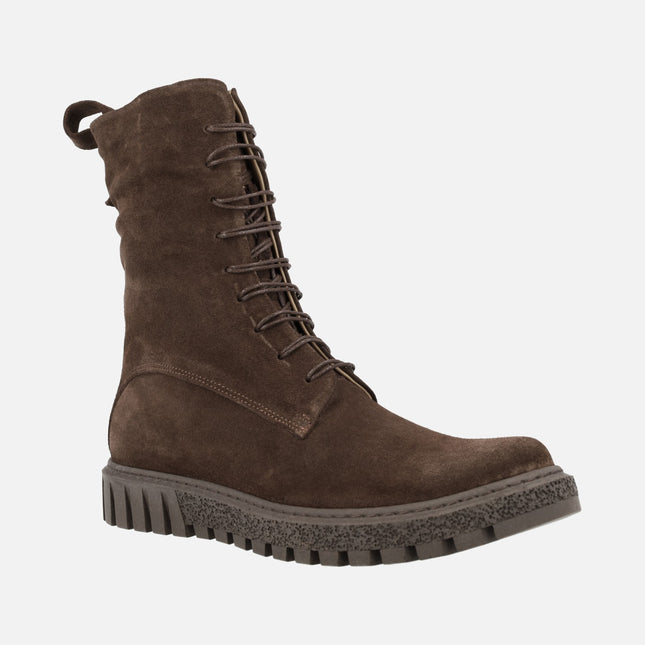 Brown suede boots with laces and zipper