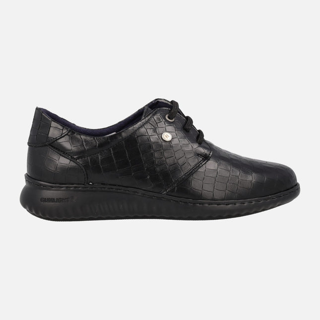 Women's Comfort shoes in black printed leather with laces