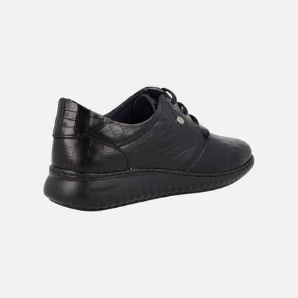 Women's Comfort shoes in black printed leather with laces