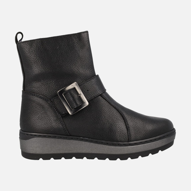 Black leather comfort ankle boots with buckle