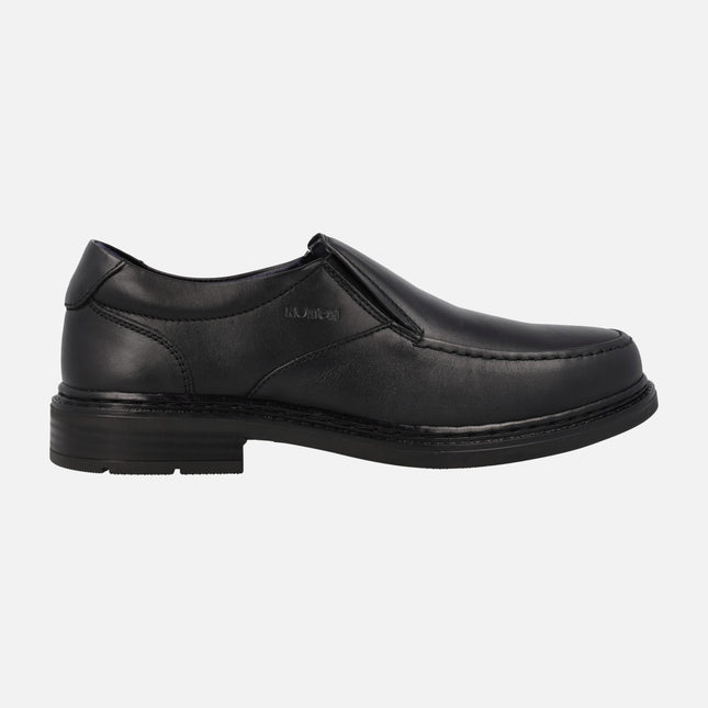 Men's comfort Moccasins in black leather with lateral elastics