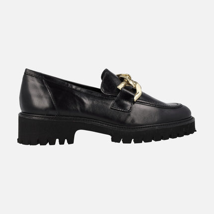 Black leather moccasins with gold chain ornament