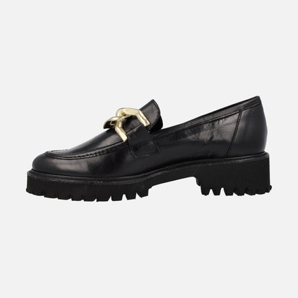 Black leather moccasins with gold chain ornament