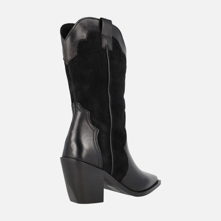 Antia Cowboy black boots in leather and suede
