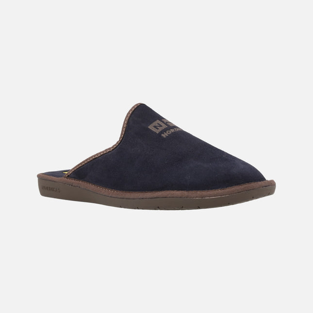 House slippers for men in navy blue suede leather