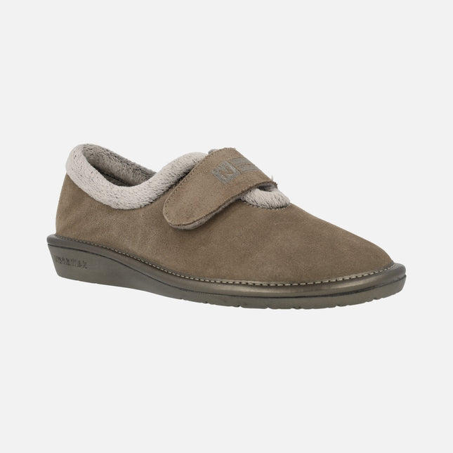 Women's house slippers in taupe suede with velcro